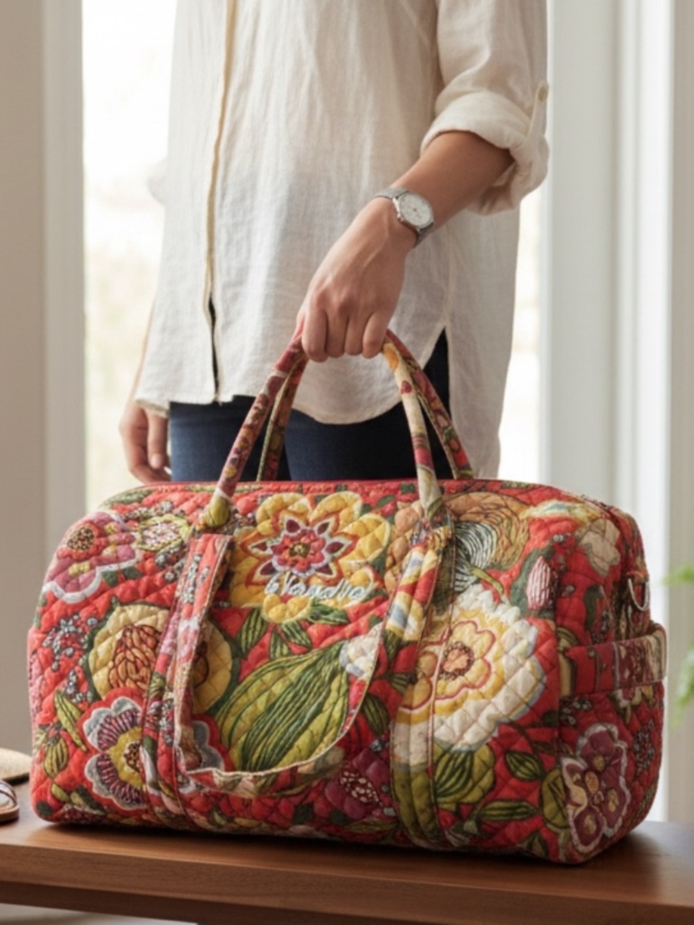 Handmade Quilted Travel Duffel Weekender Bag Red Floral Accent